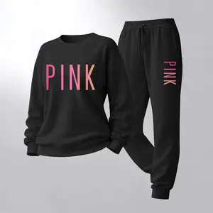 Women's Gradient Letter Print Crewneck Sweatshirt and Drawstring Track Pants Set, Casual Sportswear, Long-Sleeve Round Neck Top and Pants, Suitable for Spring, Autumn and Winter, Everyday Wear