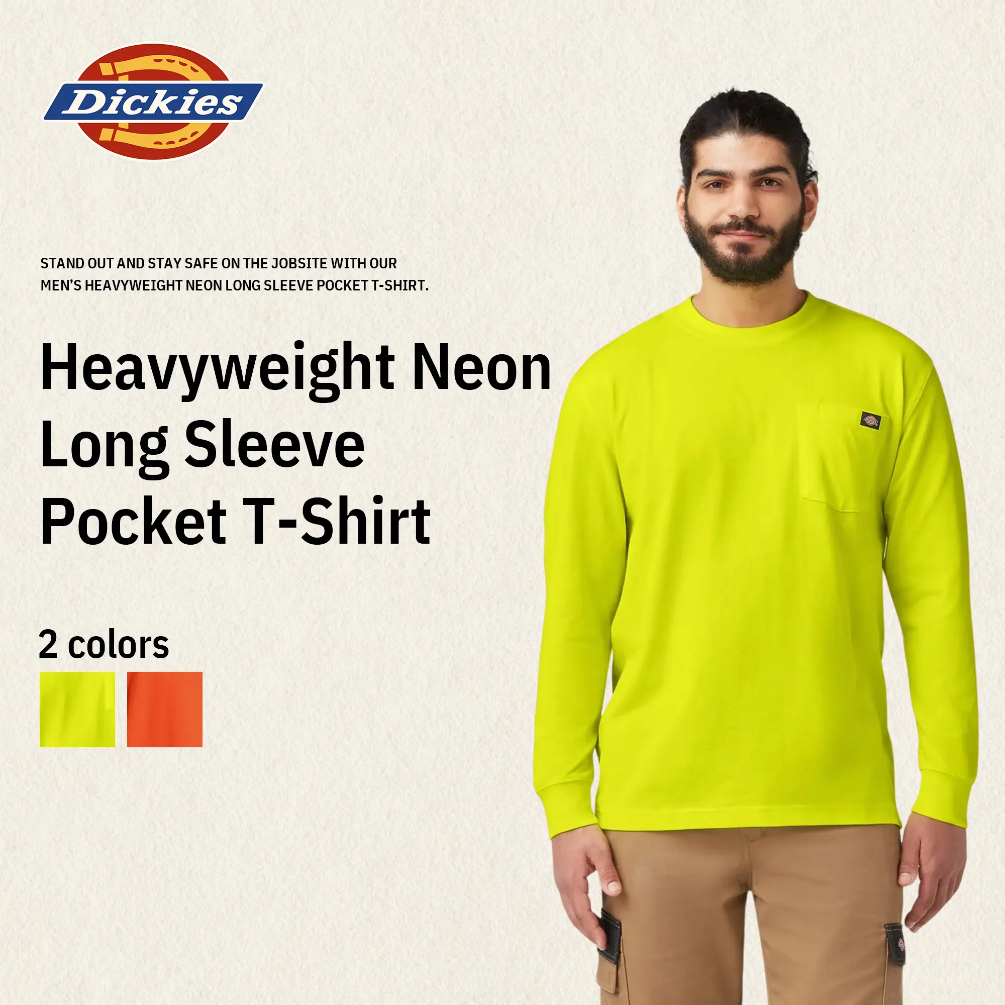 Dickies Heavyweight Neon Long Sleeve Pocket T-Shirt,Tagless Back Neck,Functional Chest Pocket, Regular Fit,Reinforced Neck,Layering Friendly,Workwear Style