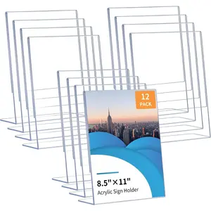 8.5x11 Clear  Sign Holders (12 Pack), Vertical L-Shaped Tabletop Stands for Menus, Office Documents & Restaurant Signs
