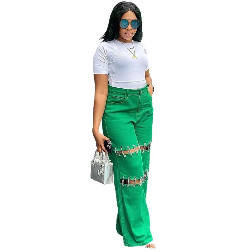 Women's New 2025 European-American Style High-Waist Spliced Chain Streetwear Jeans, Normal Type Casual Long Pants