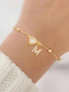 Artificial Crystal Heart Pave Zirconia Initial Bracelet, Cubic Zirconia Bracelet, Simple Fashion Stainless Steel Bead Chain Bracelet for Women, Heart Charm Bracelet, Trendy All-match & Exquisite Jewelry for Birthday Gift