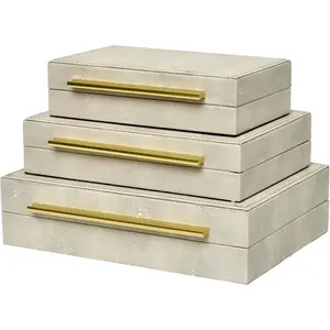 Faux Shagreen Decorative Storage Boxes - Set of 3 Stackable  Organizers with  Metal Handles &  Lining, Modern  White Box for , Entryway & Coffee Table Decor