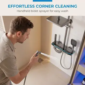 Gun Grey Thermostatic Shower System with LED Digital Temperature Display, Piano Key Controls, Built in Storage Shelf, 12" Rainfall Shower Head, Handheld Shower & Bidet Sprayer - Luxury Smart Bathroom Faucet Set