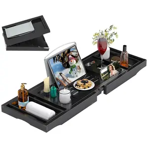 Bamboo Bathtub Caddy Tray for Tub – Foldable Bath Table Tray with Book & Wine Glass Holder, Expandable Bath Shelf for Luxury Spa, Relaxation & Reading