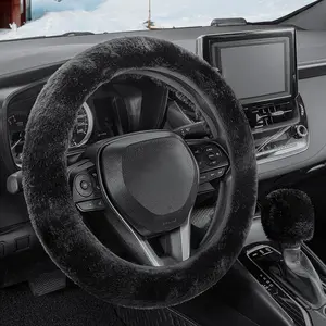 Furry  Steering Wheel Cover with Fluffy Gear Shift Cover Soft Warm Non-Slip  Decoration for Men Women Girls 2 count Set, Black