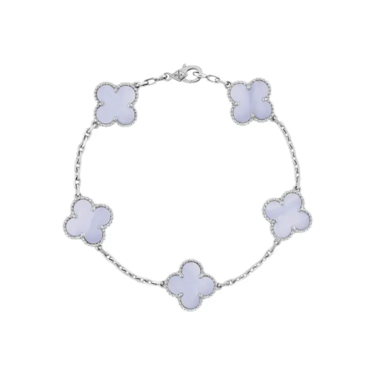 Pre-owned Van Cleef & Arpels Vintage Alhambra High Quality Bracelet, 5 Unique Chalcedony , 18K White Gold