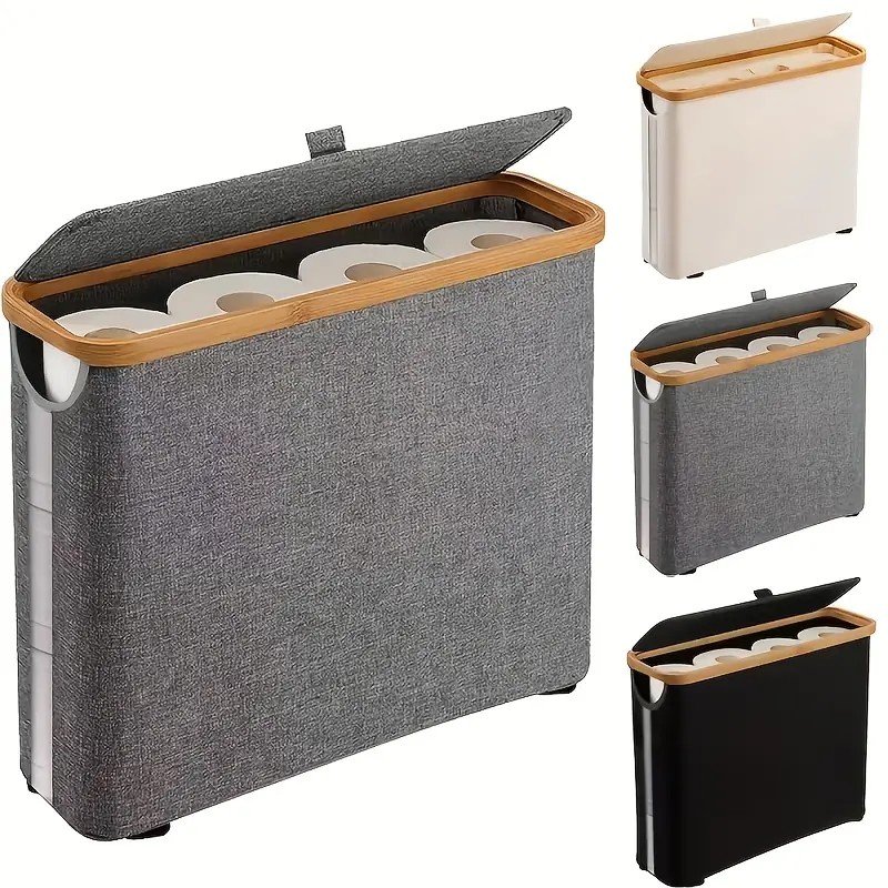 Modern Free Standing Toilet Paper Storage Holder (12-Roll Capacity) - Waterproof Bathroom Organizer Basket with Bamboo Lid, Clear-View Window, Bathroom Decor Ideas, Father’s Day Gift, Home Essential