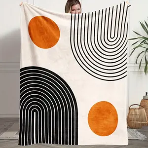 1Pc Fluffy Blanket, Eometry, Lines Print White Throw Blanket, White Blanket Barefoot Bream Blanket, Throw Blanket For Sofa, Winter Warm Blanket, Living Room Bedroom Decoration, Lunch Break Camping Multifunctional Blanket, Birthday Gift