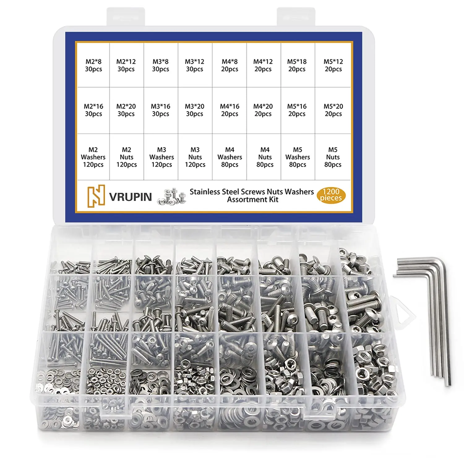 Stainless 304 Anti-Corrosive Hex Socket Set, 1200 PCS M2-M5 Sizes Metric Machine Screws Assortment Kit, 120 Pcs*M2/M3, 80 Pcs*M4/M5 Washers and Nuts, 8-20 Mm Hex Socket Head Cap Bolts Kit