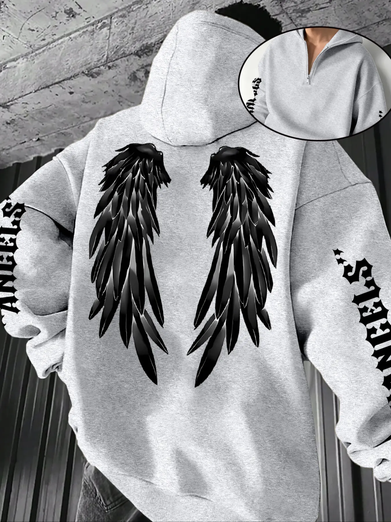 Men's Fall Winter Dark Angel Wings Half-Zip Gothic Hoodie, Unique Design Oversized Cool Top, Street Style Fitted Pullover, Streetwear Sweatshirt, Casual Pullover Hoodies, Sweatshirts