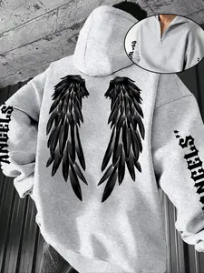 Men's Fall Winter Dark Angel Wings Half-Zip Hoodie, Unique Design Oversized Cool Top, Street Style Fitted Pullover