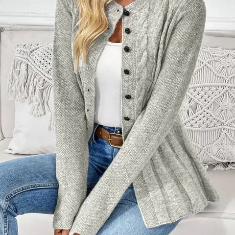 Women's Button Front Cable Knit Crew Neck Long Sleeve Cardigan Sweater, Basic Casual Fall Winter Lightweight Flowy Pleated Hem Fashion Stylish Aesthetic Cozy Soft Knit Cardigan, Solid Color Loose Fit Autumn Knitwear, Womenswear