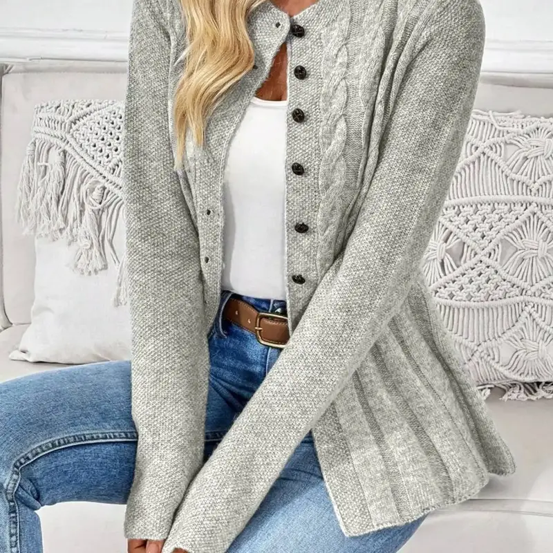 Women's Button Front Cable Knit Crew Neck Long Sleeve Cardigan Sweater, Basic Casual Fall Winter Lightweight Flowy Pleated Hem Fashion Stylish Aesthetic Cozy Soft Knit Cardigan, Solid Color Loose Fit Autumn Knitwear, Womenswear