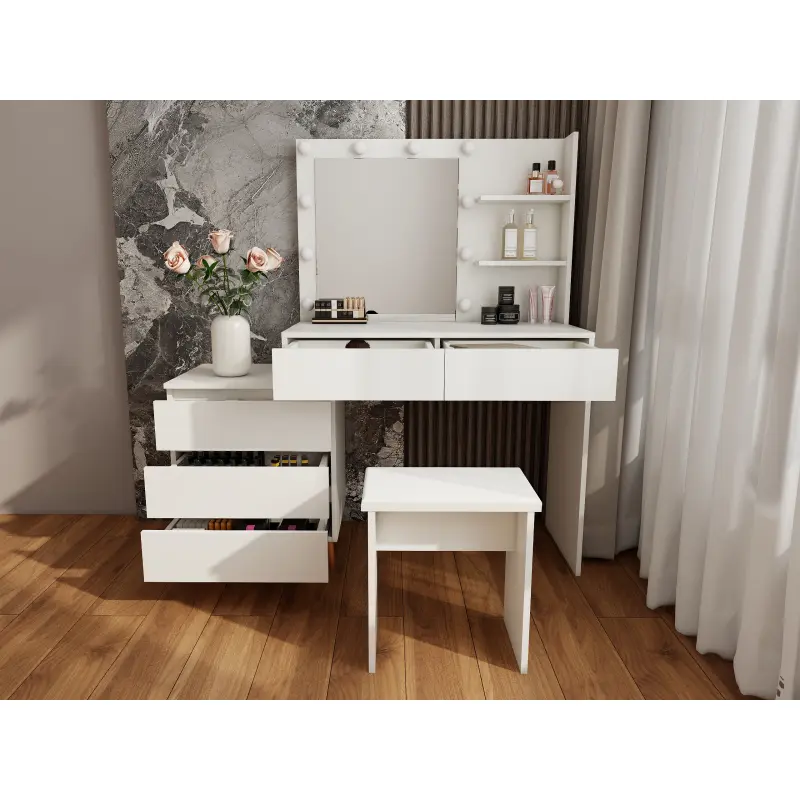 Glam French Country LED Makeup Vanity Table with Large LED Mirror, Multiple Drawers, Matching Stool, Storage Compartments, Makeup Brush & Cosmetic Organizer - Compact Ergonomic Indoor Furniture Beauty Station for Daily Grooming, Durable, Assembly Required