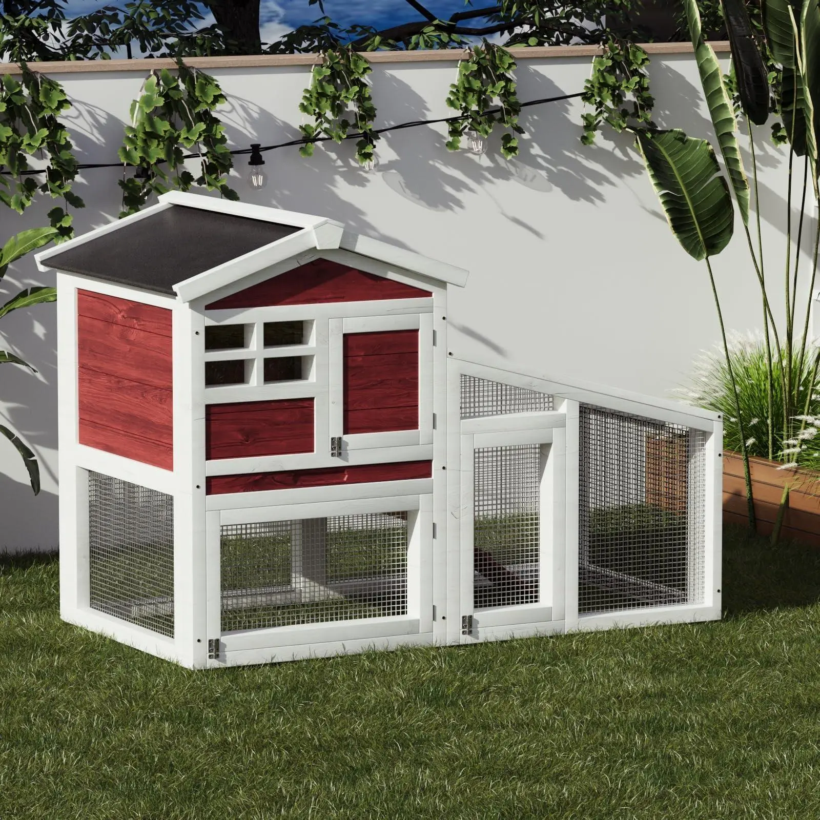 GARVEE 54 in 2-Tier Wood Frame Rabbit Hutch, Wooden Bunny Cage with Non-Slip Ramp, Removable Tray, Weatherproof Asphalt Roof for Indoor/Outdoor Rabbits, Guinea Pigs
