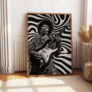 Jimi Hendrix B&Amp;W Wall Art, Music Hero Print, Retro Concert Poster, Psychedelic Room Décor, 70s Vintage Poster, Indierock Music Room Gift, Wall Print Poster