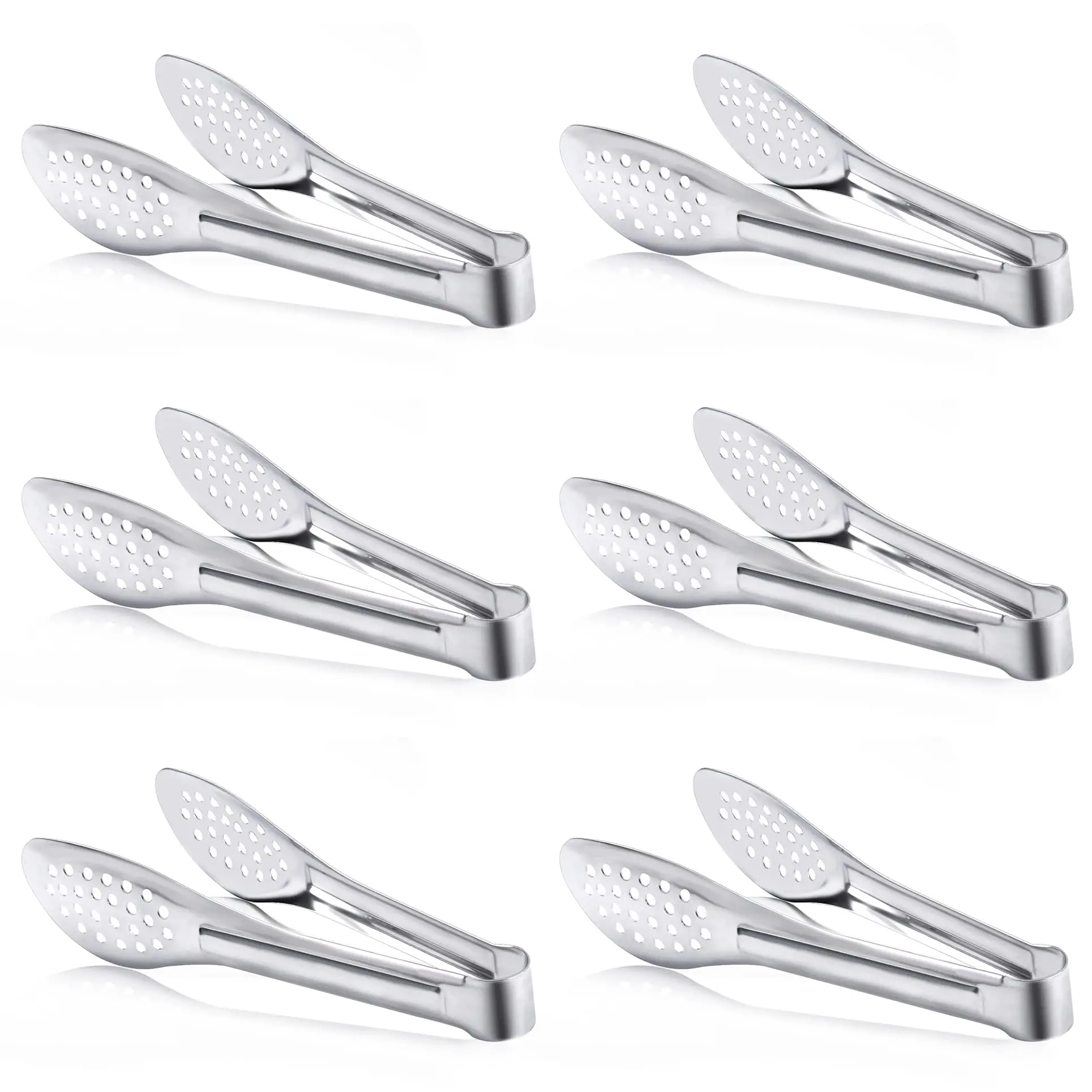 6pcs Lightweight Stainless Steel Barbecue Tongs with Hole Netting - 7in Kitchen Utensils, 2 Each for Steak/Baking, Multipurpose Serving Clips for Grilling