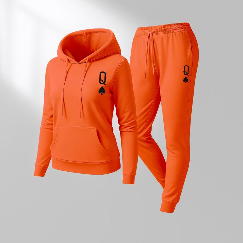 Women's Queen Spade Print Hoodie And Drawstring Track Pants Set, Casual Sportswear, Long-Sleeved Hooded Jacket And Pants, Suitable For Autumn And Winter, Everyday Wear, Indoor And Outdoor Sportswear, Casual Sportswear.