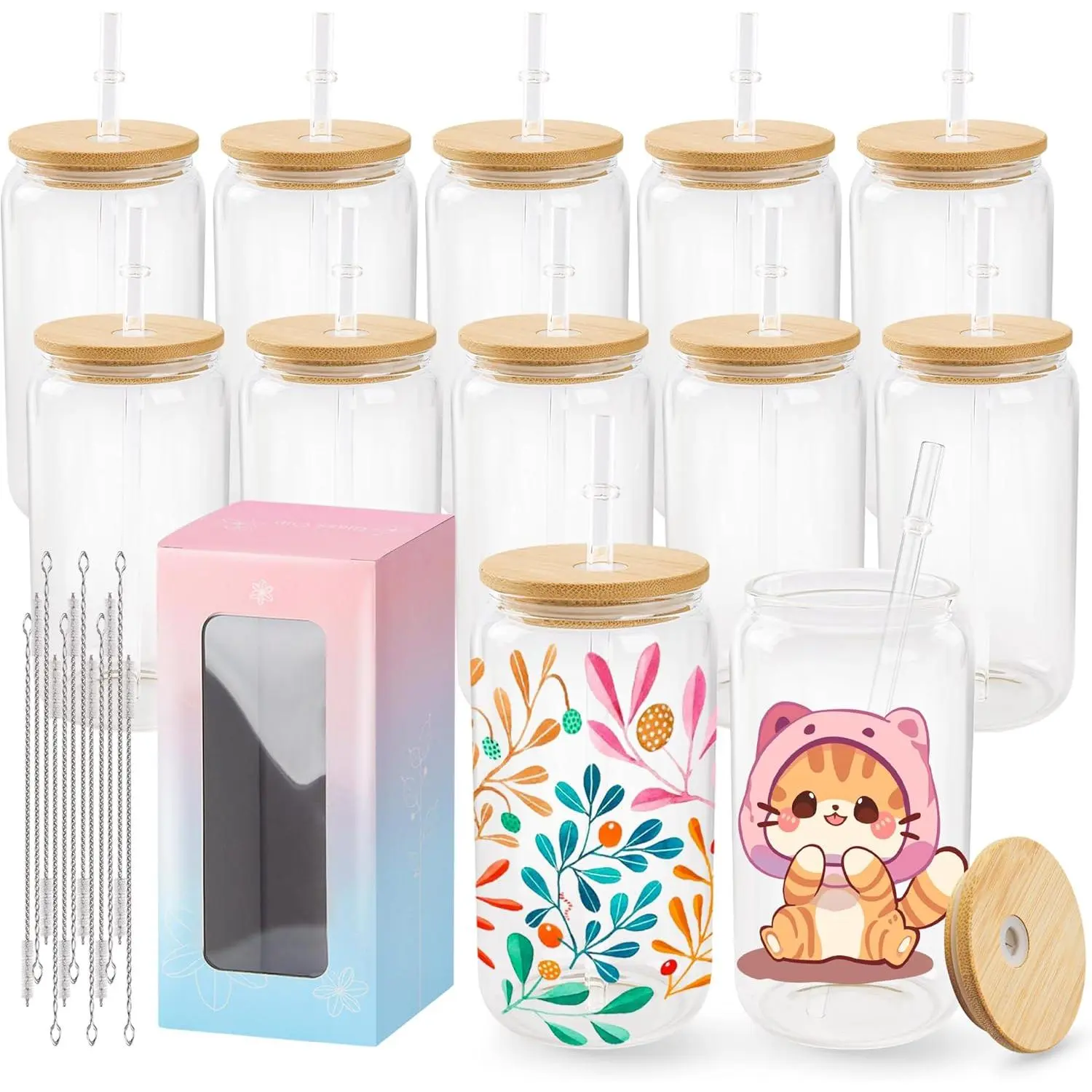 12 Pack Sublimation Glass Cups with Lids and Straws 16oz, Clear Sublimation Glass Tumbler Blanks Beer Can Shaped Mugs for Iced Coffee Smoothie Soda Boba Tea Cocktail Gift