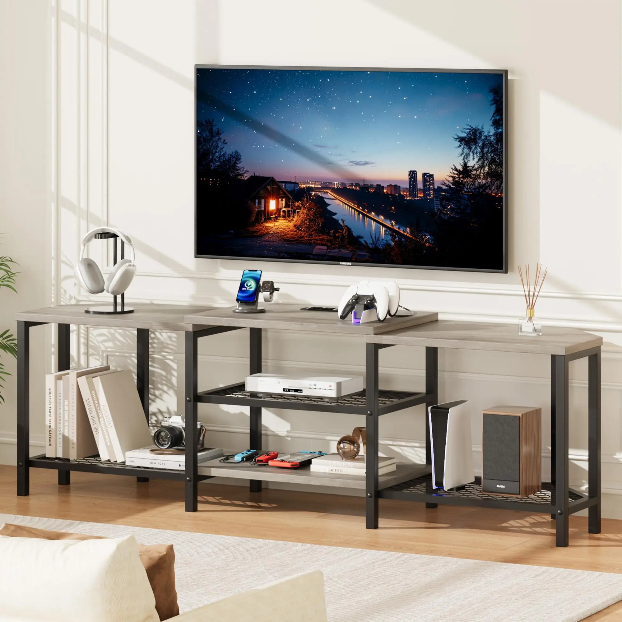67 Inch Corner TV Stand with LED Lights & Power Outlets, Modern Entertainment Center with 4 Open Shelves, Media Console Fits TVs up to 75", Functional Storage Furniture for Living Room & Bedroom