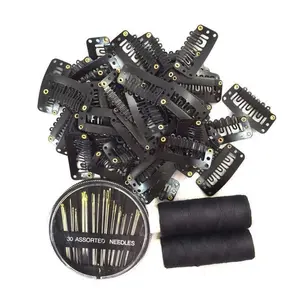 50 count Wig Clips 32mm Snap Clips For hair Extensions I Shape Hair clips Tools 6  Black Color Hair Extension 30 clips Assorted Sewing  and 2 Rolls Thread (Black)