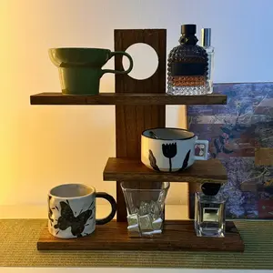 Vintage Wooden Tea Rack, Open Display Shelf, Small Desktop Design, Staircase Style, Holds Teacups and Tea Sets, Storage and Display, Elegant Practical