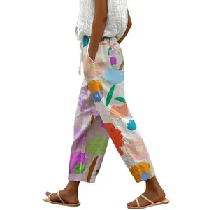 Chouyatou Women's Casual High-Stretch Drawstring Waist Wide-Leg Cropped Pants Vintage Floral Beach Trousers with Pockets