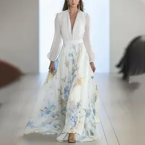 Women's Clothing Digital Print Long Sleeve Collar Patchwork Long Dress Jumpsuit