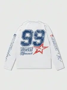 Vintage-Inspired Black Long Sleeve Fitted Casual Tee with '99' & Motivational Graphics | Streetwear TikTok Trend