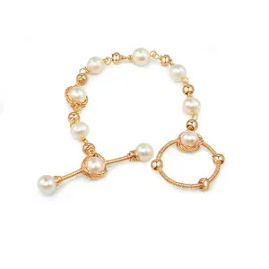 7-8mm Gold Textured White Pearl Bracelet Wired Bracelet for Girlfriends Birthday Aniversary Gift