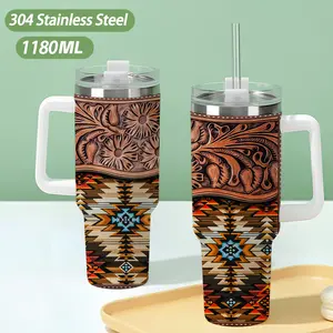 40oz large capacity car watter bottles with lid and handle, 304 stainless steel insulated tumbler with Floral and geometric pattern designs, suitable for car, office, travel and birthday gifts