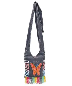 Caravan Closet Butterfly Embroidered Cotton Mini Hobo Bag