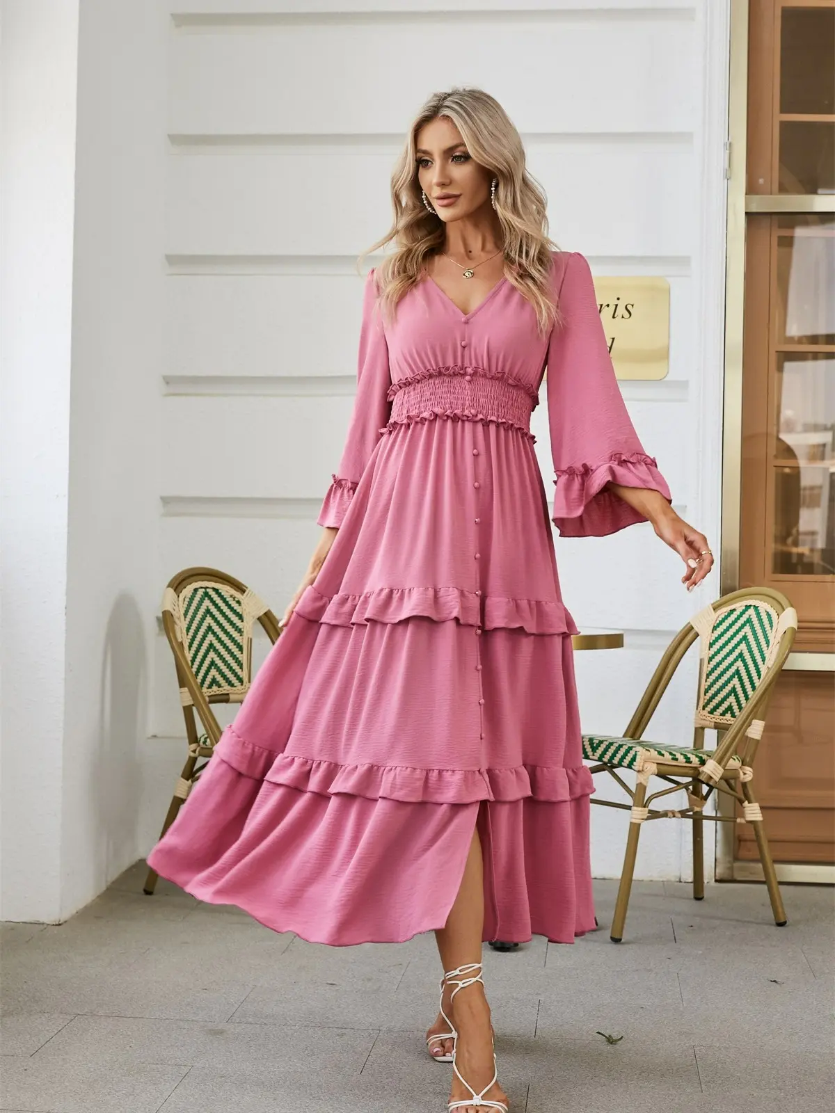 BerryGo Women's V Neck Long Sleeve Boho Maxi Dress 2023 Fall Wedding Guest Long Flowy Engagement Dresses