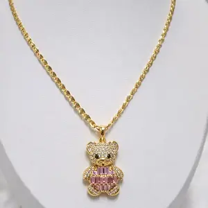 18” 14K Gold Layered Teddy Bear Necklace with Pink CZ – Cute Luxury Pendant