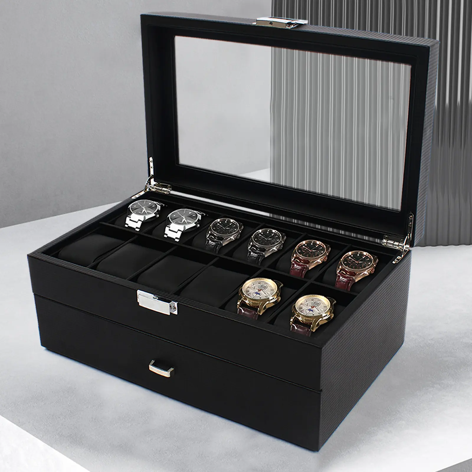 CNCEST 2-Layer Carbon Fiber Watch Box with Glass Top, 24-Watch Display Case Organizer with Soft Pillows, Luxury Wood Storage with Multiple Uses for Business Casual Jewelry, Bracelets, Necklaces, Two Layers