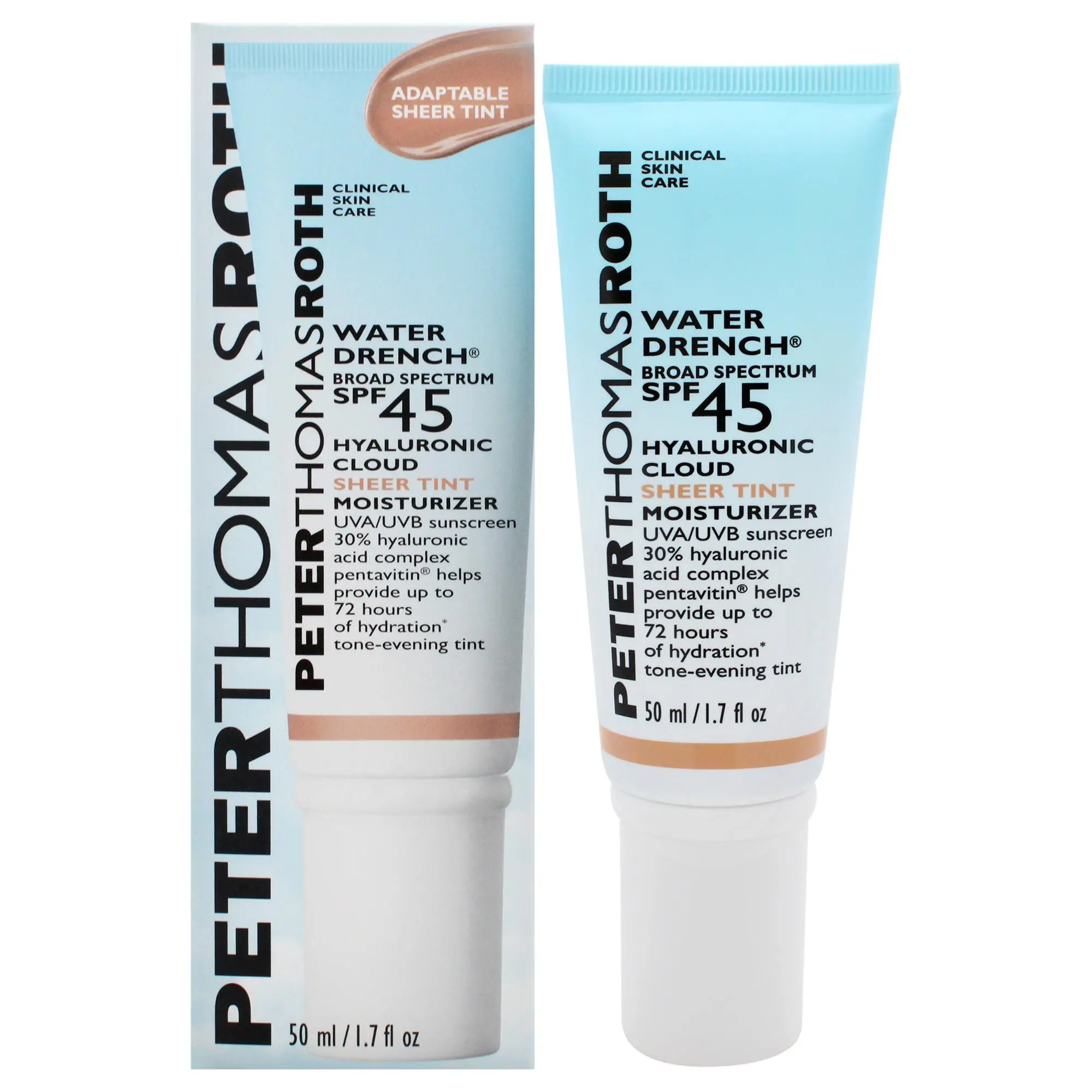 Peter Thomas Roth Water Drench Hyaluronic Acid Cloud Sheer Tint Hydrating Moisturizer SPF 45 for Women - 1.7 fl oz Daily Face Care to Moisture & Hydrate Skin, Apply Daily