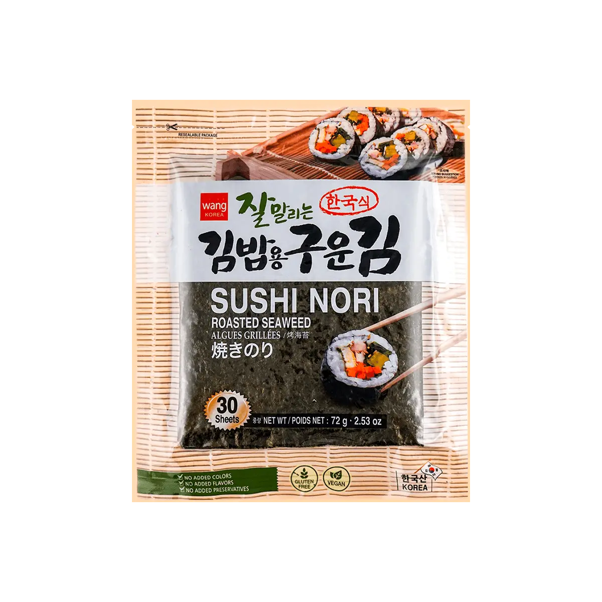 WANG FOOD Korean Roasted Seaweed for Sushi Hand Rolls 30 Sheets 72g