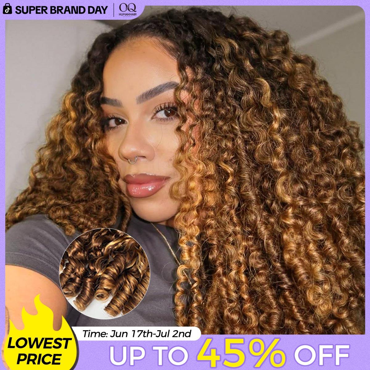 [3 In 1 Half Wig] Burmese Curly Highlight 4/27 Color Wear Go Half Wig With Elastic Drawstring 250% Density Flip Over Wig Human Hair #DealsForYouDays