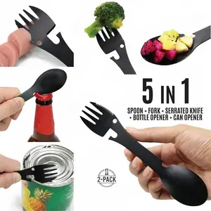 2-Pack Multi-Tool Spoon and Fork Combo All-in-1 Tactical Spork with Serrated Edge & Opener Portable Metal Eating Utensils for Travel Camping and Emergency Kits Cutlery Tableware outdoorfun