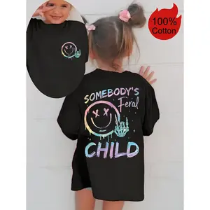SOMEBODY'S FERAL CHILD Print 100% cotton Short Sleeve T-shirt, Comfy Casual Tees For Girls Summer