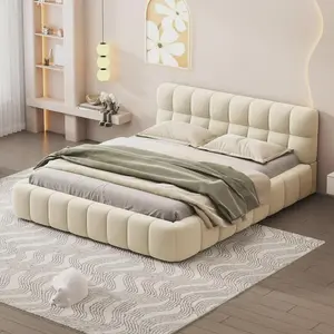 Bed Frame,with Modern Queen Upholstered  Wingback, Linen Low Plattform Bed, No Box Spring Needed Beige, Bed Frame