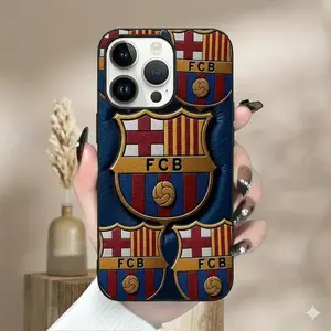 FC Barcelona Luxury 3D Embossed Leather Texture Phone Case for iPhone 15 14 13 Pro Max FCB Soccer Football Fan Crest Shield Shockproof Padded Cover Protective Stylish Gift for Him Men Fans