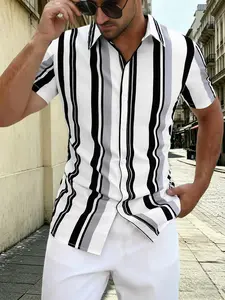 Men's Regular Fit Striped Print Short Sleeve Button Front Collared Shirt, Casual Summer Style Comfy Breathable Top for Daily Wear, Men's Clothes for Summer