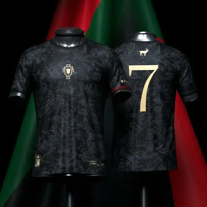 Premium Portugal Ronaldo #7 Soccer Jersey – Black Gold Football Shirt, Breathable Athletic Sportswear, Fan Collection Top for Men Women