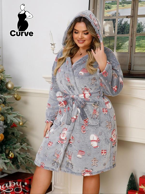 【Plus Size】 Halloween Themed Cartoon Pumpkin Print Glow In The Dark Belted Hooded Lounge Robe, Casual Long Sleeve Pocket Design Dressing Gown, Women's Fluffy Pajamas for Fall & Winter