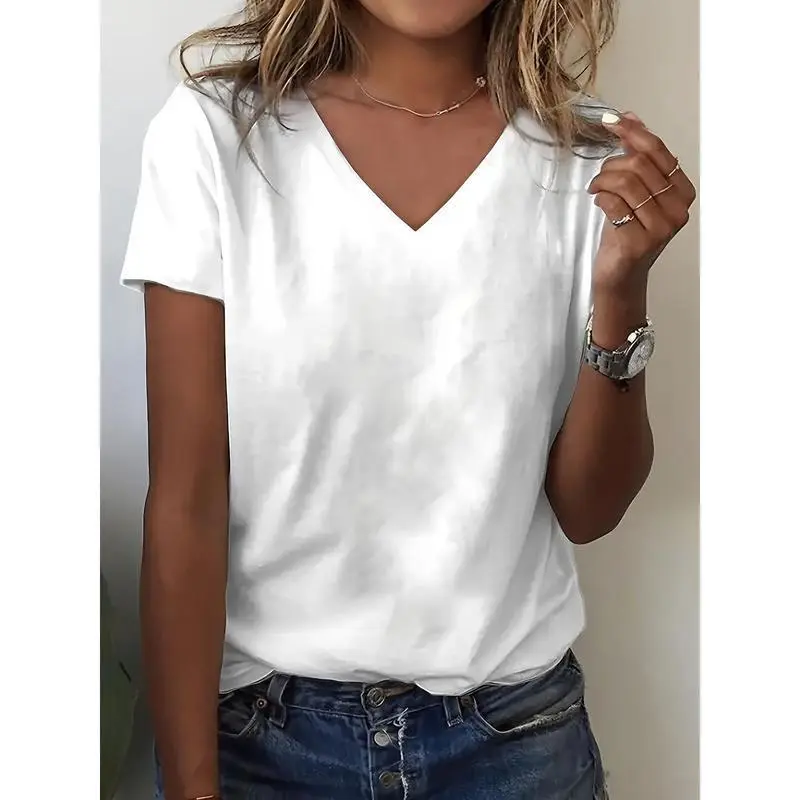 Women's Sports Casual V-Neck Short Sleeve Tops - Plain White Solid Color, Soft Knit Fabric, Medium Stretch, Lightweight Breathable for Spring, Summer, Fall Sports Outerwear