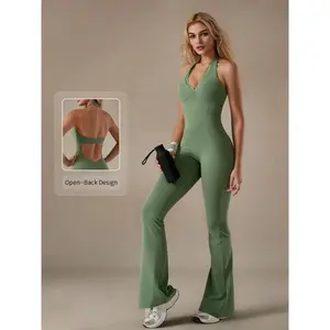 Lace V-neck one-piece yoga outfit for women, fashionable halter neck jumpsuit with bell-bottom pants