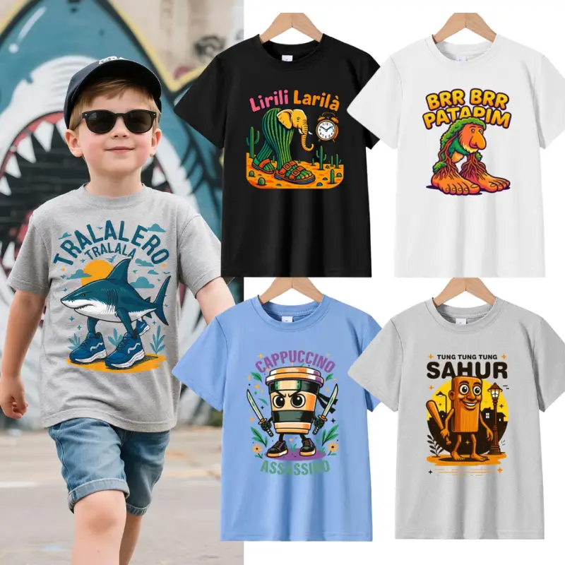 7-13T Italian Brainrot Gen Z Humor Meme Kids Tung Tung Tung Sahur Tralalero Tralala Teen Boys Girls T-Shirt Cappuccino Assassino Graphic Tee for Every