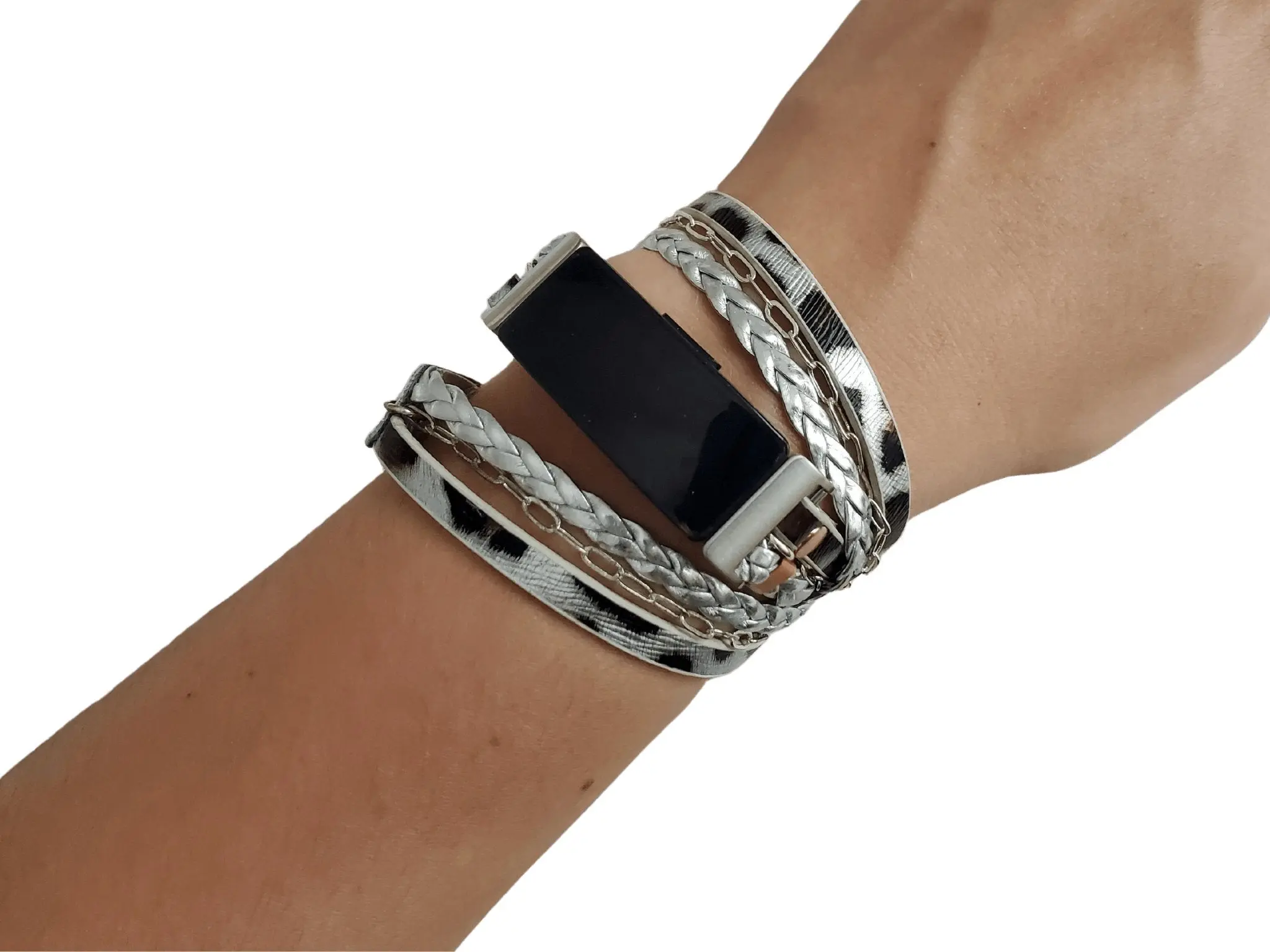 Silver Boho Chic Cheetah Print Leather Wrap Strap Bracelet