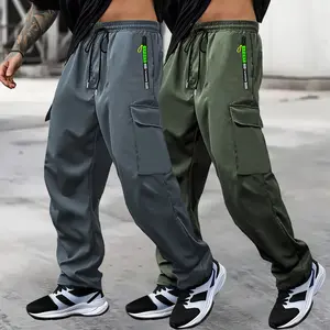 2pcs Men'S Casual Cargo Pants with Drawstring Waist & Zipper Pockets - Lightweight Non-Stretch Fabric, Regular Fit for Outdoor Running & Training